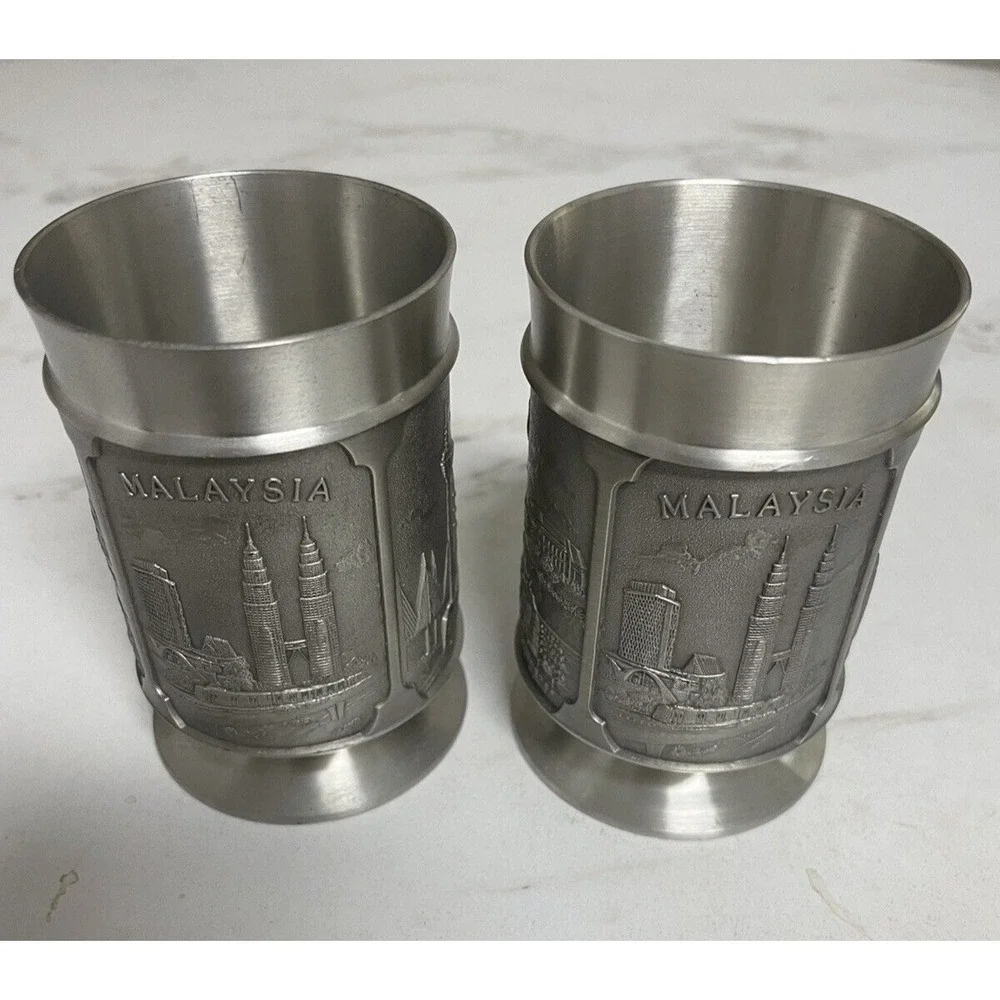 Pair of Vintage‎ Selwin Pewter Malaysia Souvenir Scenes Glasses Cups 3.5